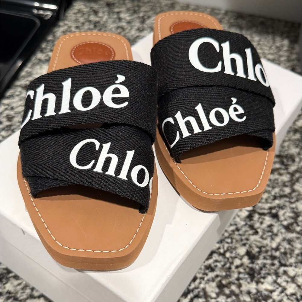Chloé Black Canvas Logo Slide Sandals with Tan Footbed